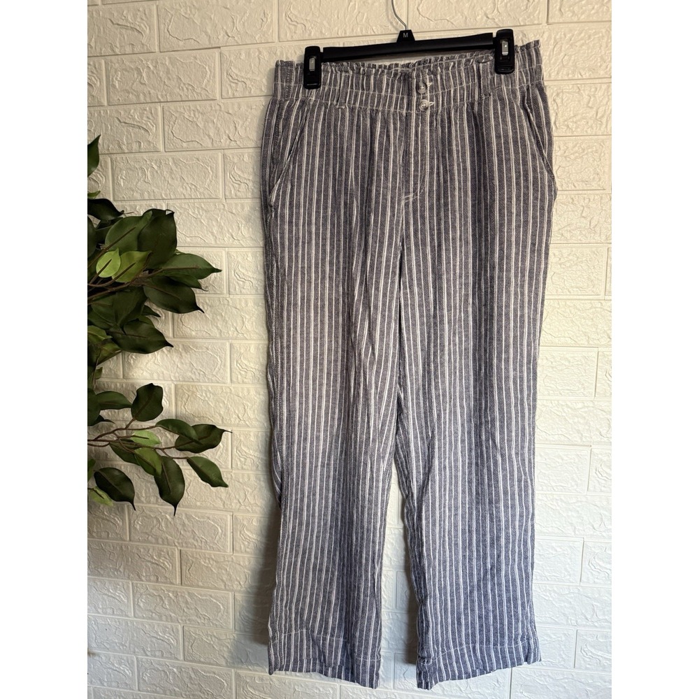 Briggs Linen Blend Striped Wide Leg Pants Blue White Womens Size L #1760053